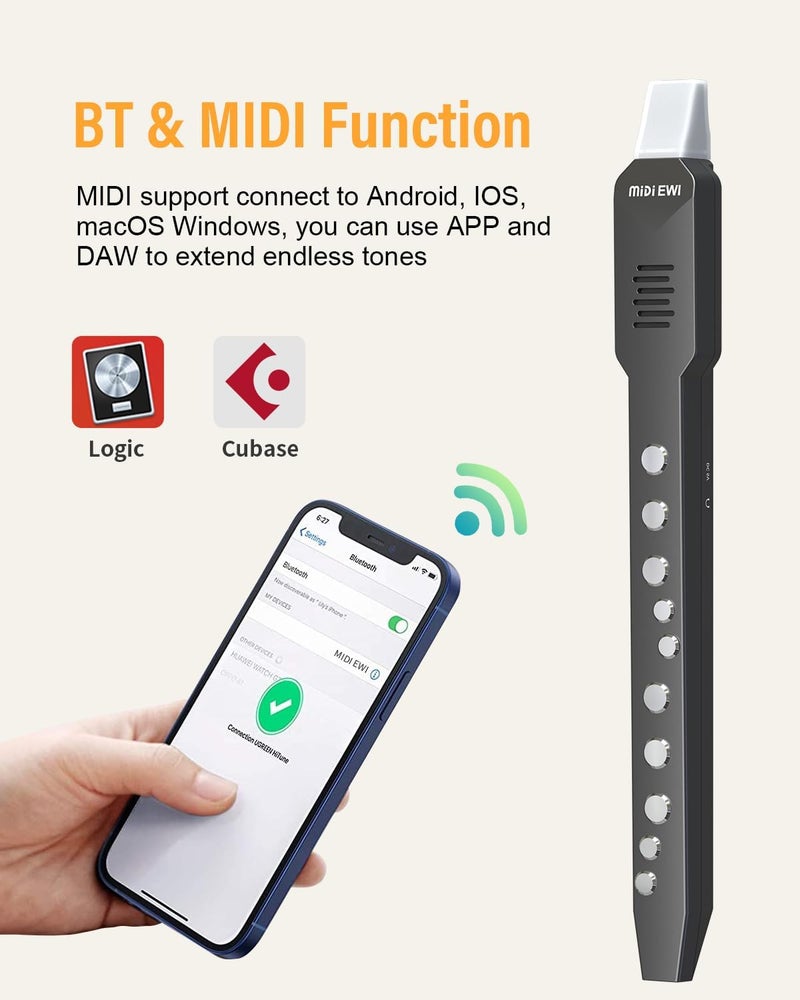KONIX Electronic Wind Instrument, DC02 Pro Digital Wind Instrument with 10 Musical Tones, MIDI Bluetooth, Built-in Battery, EWI Instrument for Beginners, Black - Image 3